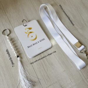Hajj Duas and Guide cards on a finger ring with a 7 pearls tasbih and a white lanyard