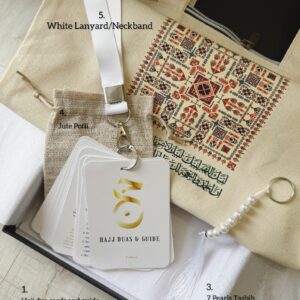 Hajj Essentials Kit contents: Hajj dua cards and guide, Labbayk tote bag, 7 pearls tasbih, jute potli and white lanyard